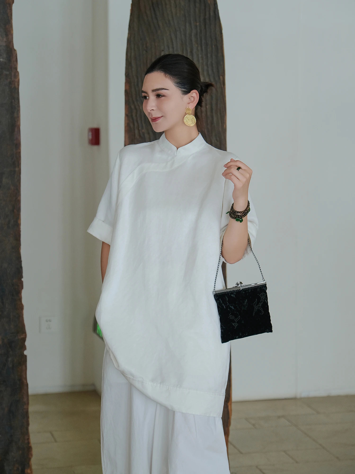 

HANMENG Женская блузка из смесового хлопка и шелка с коротким рукавом и молнией, средней длины, в новом китайском стиле, для повседневной носки, влагоотводящая