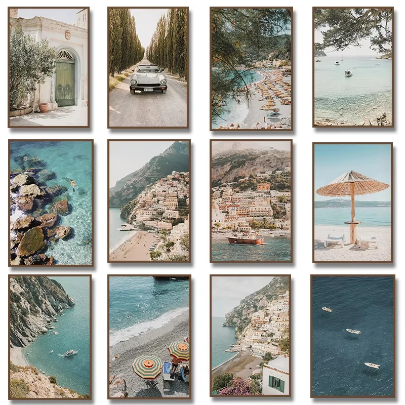 Affiche photographique de la côte d'Amalfi, village italien, parapluie de plage en rotin, bateau, Positano, impression sur toile, décoration de salon