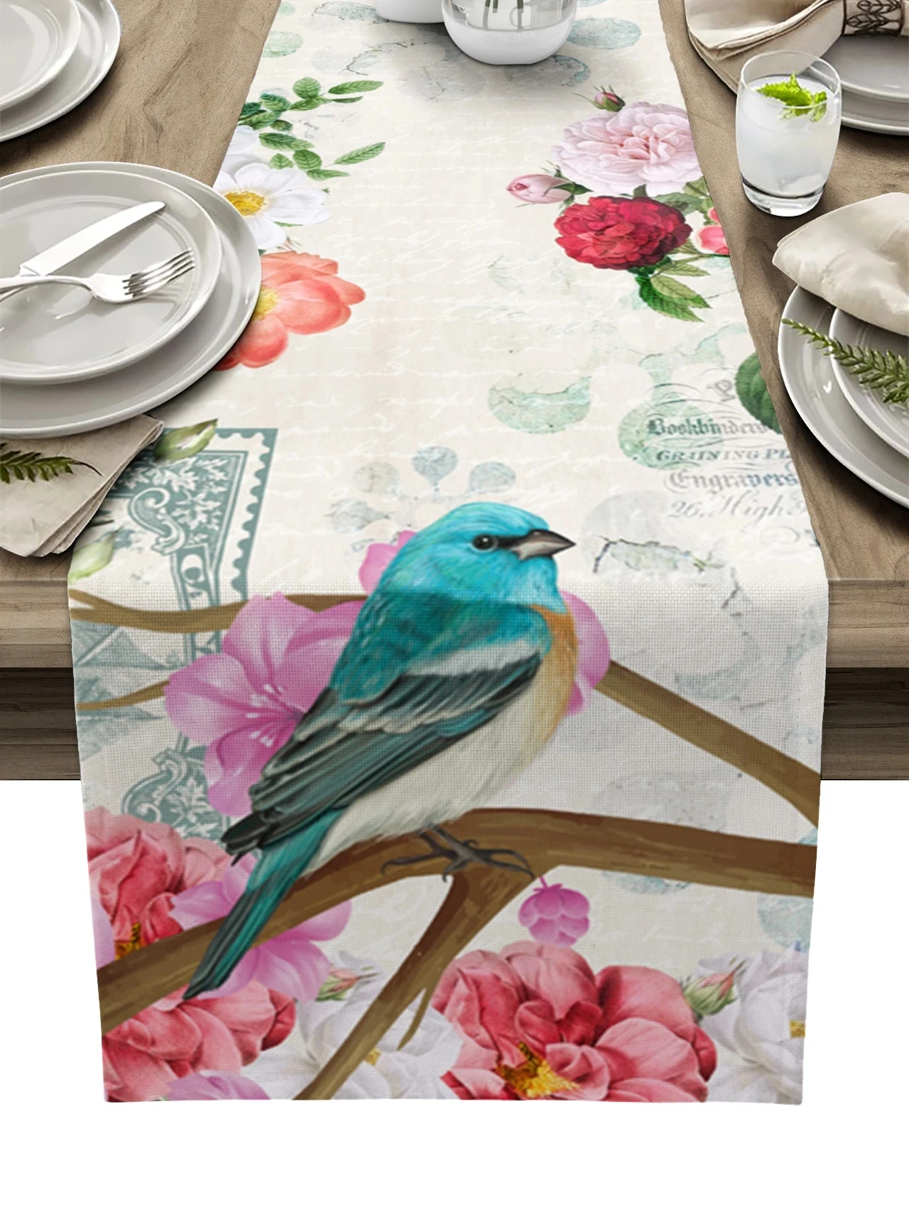 Vintage Flowers and Birds Linen Table Runner Wedding Party Decoration Farmhouse Dining Table Runners Kitchen Table Decor