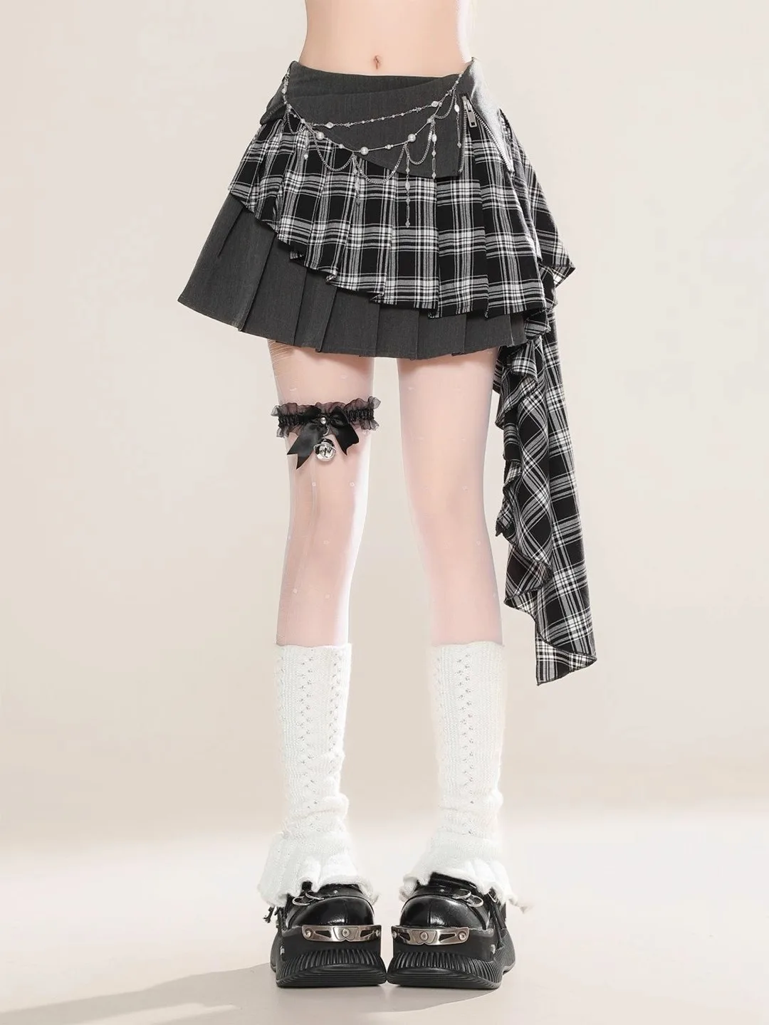 Doce legal picante xadrez cintura alta a linha saia feminina verão emagrecimento saia plissada assimétrica punk sle ort saia