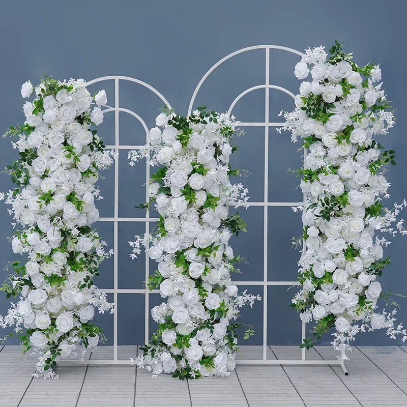 Luxus weiße Hochzeit Hintergrund Bühne Blumen ständer Rose Nebel Gras grün Blumen reihe Anordnung Dekor Rahmen