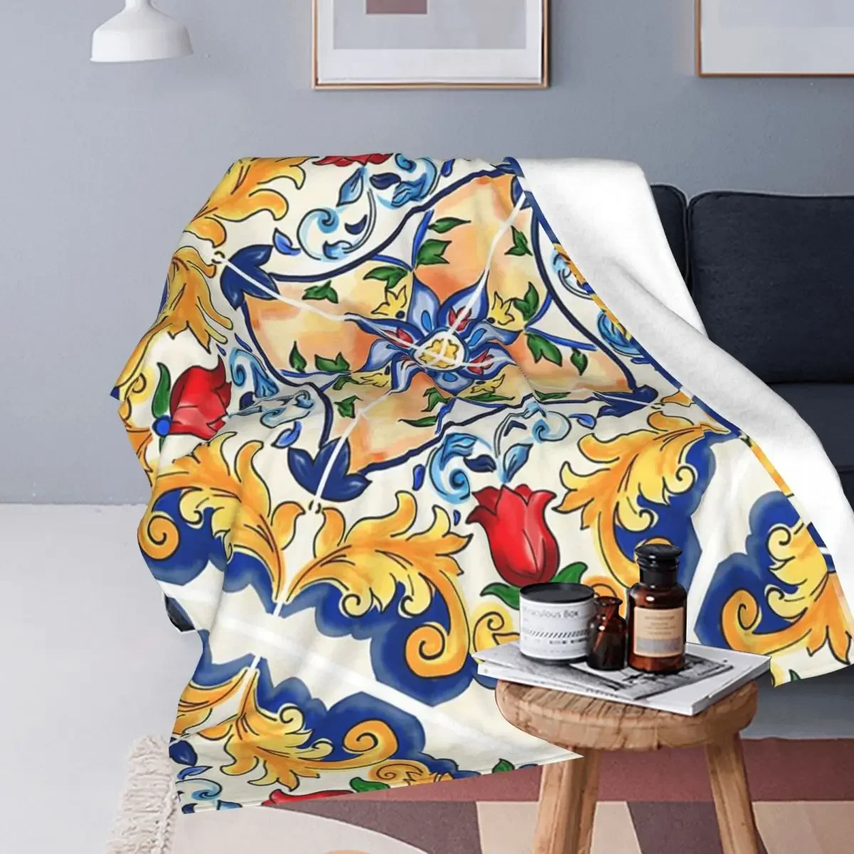 Sicilian Majolica Colourful Floral Flourishes Tile Pattern Blankets Flannel Throw Blanket Plush for Bed Living room Home Sofa