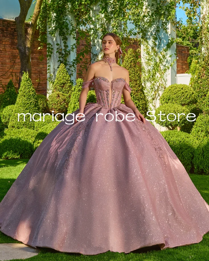 Vestidos de Quinceanera Lilás Brilhantes com Corset Off Shoulder, Vestidos de 15 Anos Personalizados