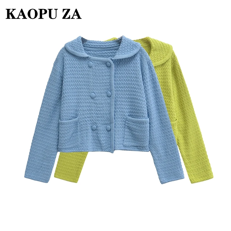 KAOPU ZA 2024 Woman Autumn Fashion Knitted Cardigan Female Casual Turn-down Collar Long Sleeve Coat Solid Color Short Jacket Top