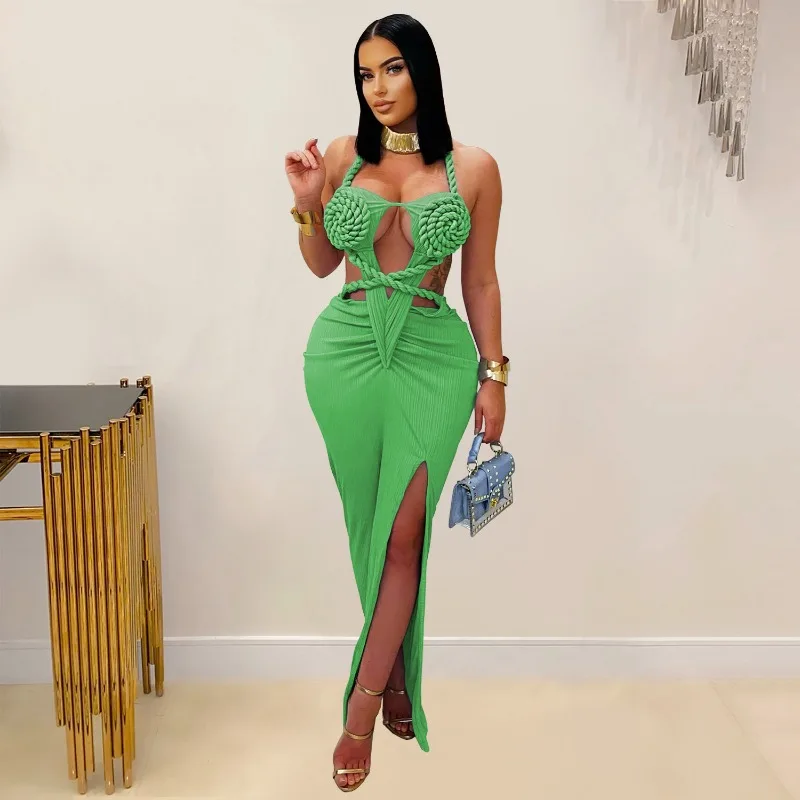 

KEXU Hemp Rope Halter Neck Stacked Ruched High Split Knit Bodycon Midi Maxi Long Dress 2025 Women Birthday Sexy Party Dresses