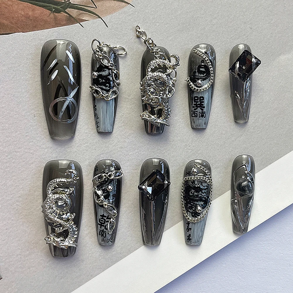 

Handmade Black Y2K Punk Style Long Coffin False Nails 3D Metal Dragon Chain Rhinestone Wearable Fully Covered Nail Tips Gift