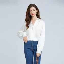 19 Momme V-Neck Long Sleeve Silk Blouse With Diamond Button