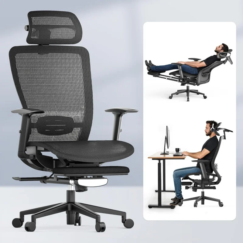 

High Back Mesh Office Chair with Footrest, Ergonomic Computer Desk Chair, 3D Headrest & Adjustable Lumbar Support, Stable Base