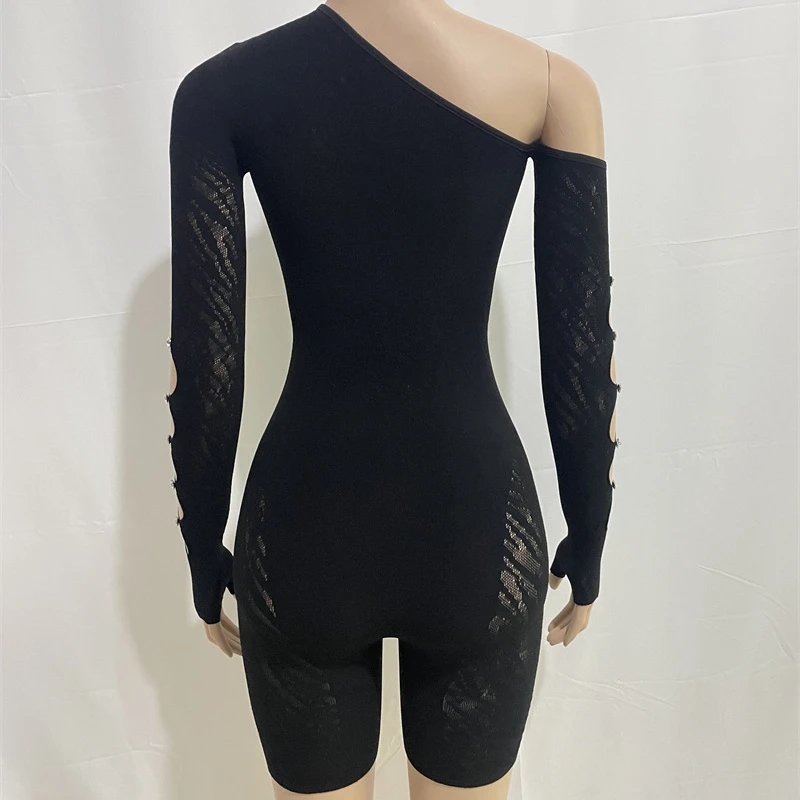 المرأة محبوك الجوف خارج الماس Bodycon السروال القصير ، مائل الكتف ، كم طويل ، عالية الخصر ، نحيل Playsuit ، نادي ملابس الحفلات ، الخريف