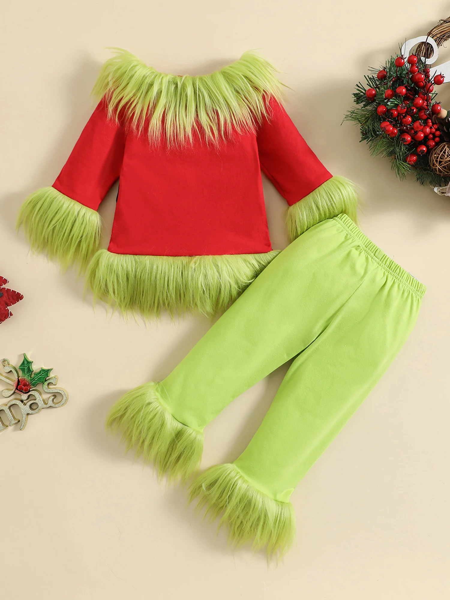 2022 Christmas Green Monster Costume for Toddler Kids Faux Fur Trim Santa Claus Elf Cosplay Skirt Pants Set for Boys Girls