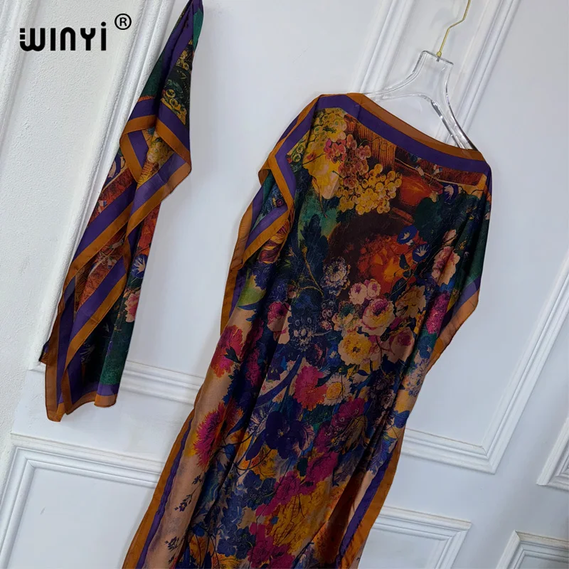 WINYI 2024 New African Women Dashiki Boho Print Muslim Woman Dubai Free Size Design With Scarf Maxi Loose African Elegant Dress