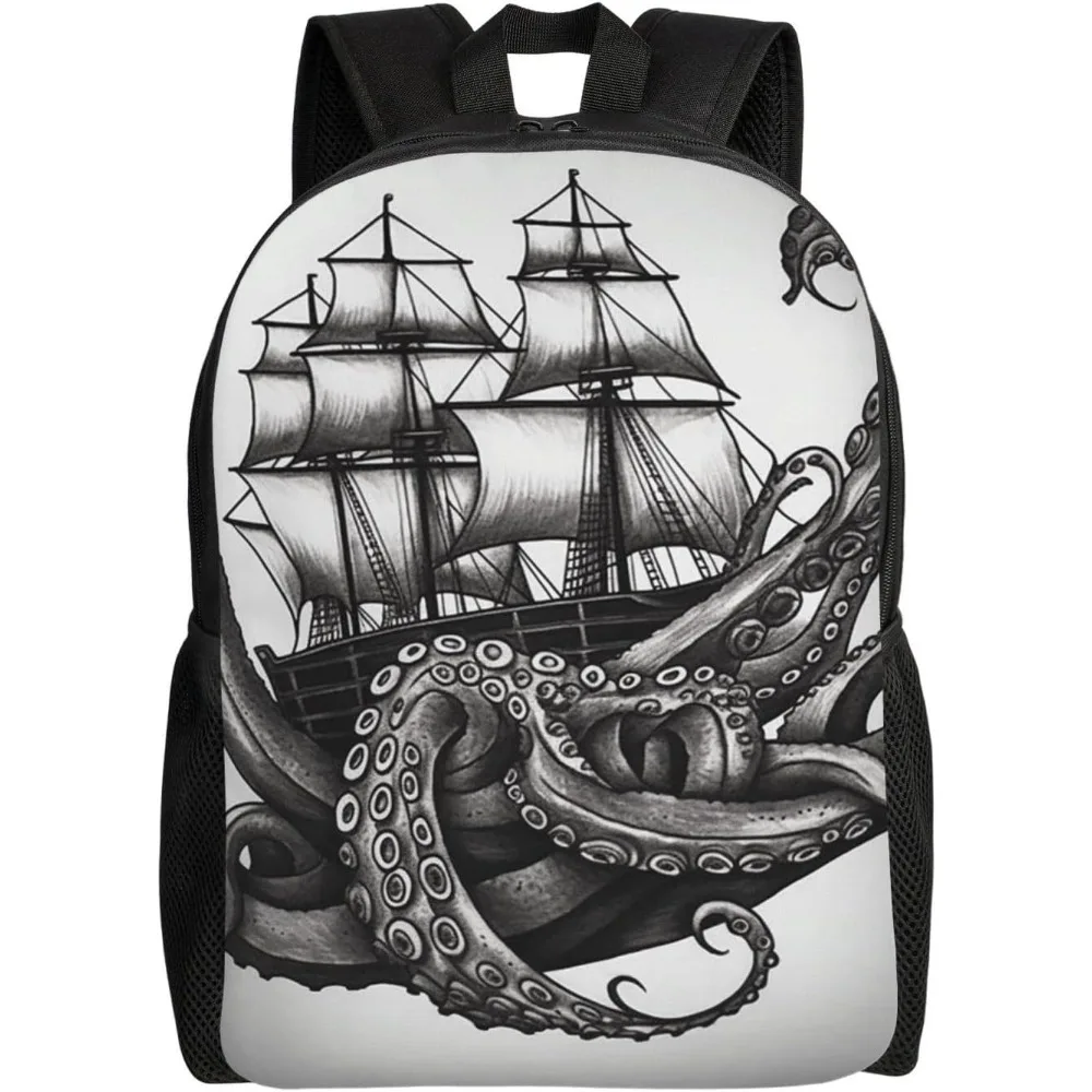

Black And White Octopus And Ship Laptop Backpack For Women Men College Backpack Work Business Computer Bag Lightweight Bookbag