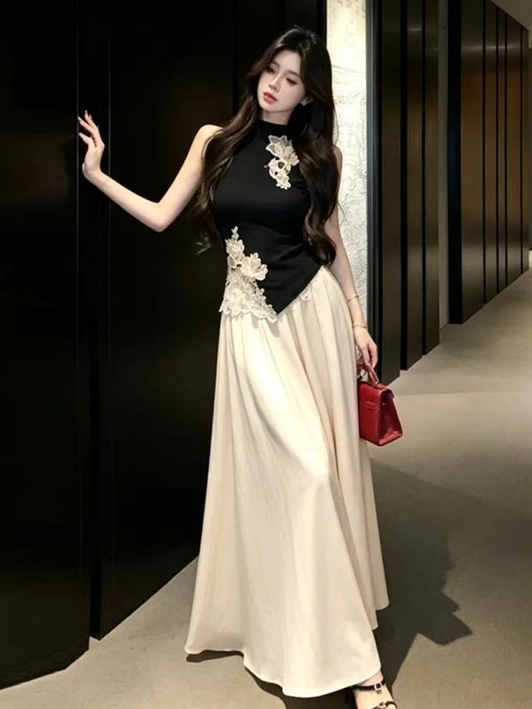 

New Chinese Style High Waist Knitted Lace Splicing Vest Top And A-Line Skirt Set Sleeveless Fashionable Retro Look for Y...