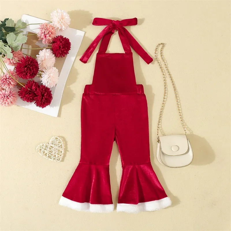 0-24 Months Baby Girls Christmas Overalls Solid Color Velvet Lacing Halter Neck Terry Trim Jumpsuit Flare Pants