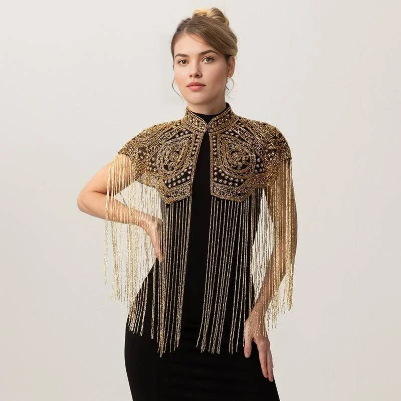 

Long Tassel Shawl Paired with Cheongsam Dress Wedding Coat Cos Indian Heavy Industry Beaded Shawl Long Tassel Arab Gown Shawl