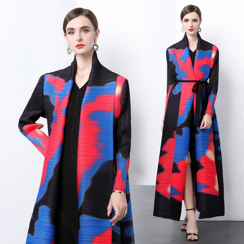 Oversize New Elegant Autumn Flower Print Loose Long Trench Coat Miyake Pleated Women V Neck Lace Up Belt High Stretch Outwear