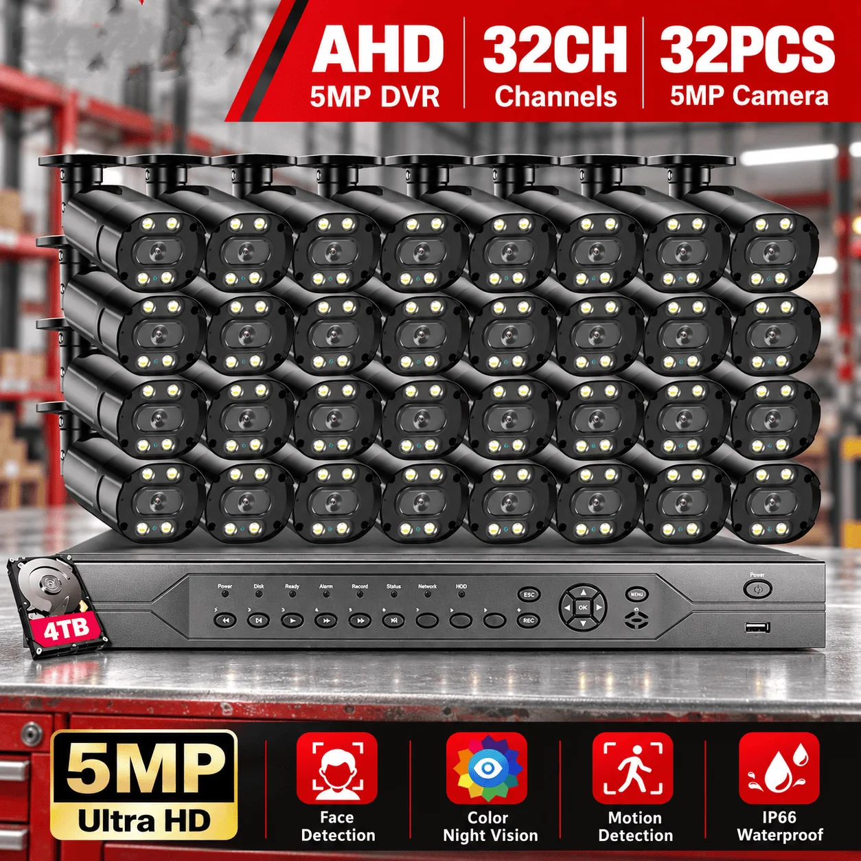 32CH 5MP Analog CCTV Kit Outdoor Color Night Vision 32 Channel AHD DVR Set 32PCS BNC Bullet Security Surveillance Camera System