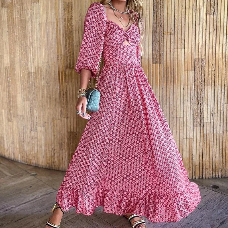 

2022 Summer Fashion Women's Sexy Waist Printing Hollow Loose Long-sleeved Floral Bohemian Beach Long Skirt dresses women new