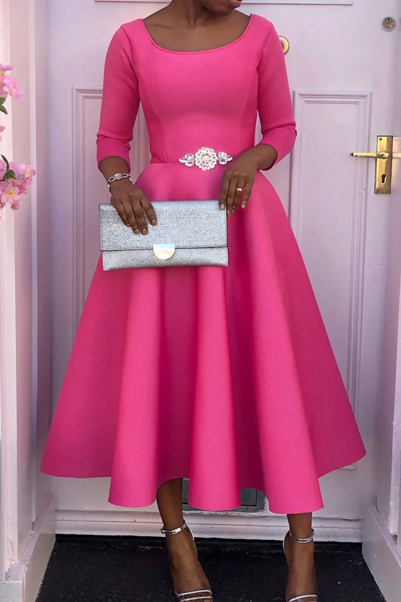 

Plus Size Rose Red Formal Elegant O Neck Evening Midi Dresses (Without Belt)