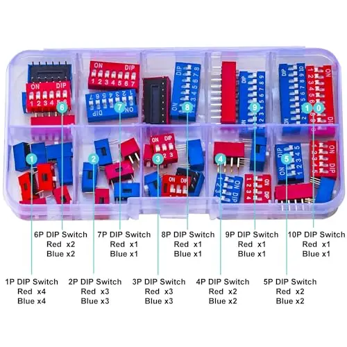 DIP Switch Assorted Kit 2.54MM Pitch 1/2/3/4/5/6/7/8/9/10Pin Dual Row Red & Blue On Off DIP Switches