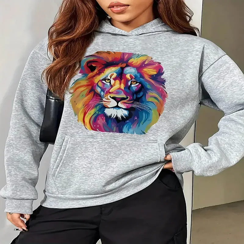 

Womens Hoodie Vibrant Lion Head Print Multicolor Animal Graphic Pullover Sweatshirt Kangaroo Pocket Soft Machine Washable