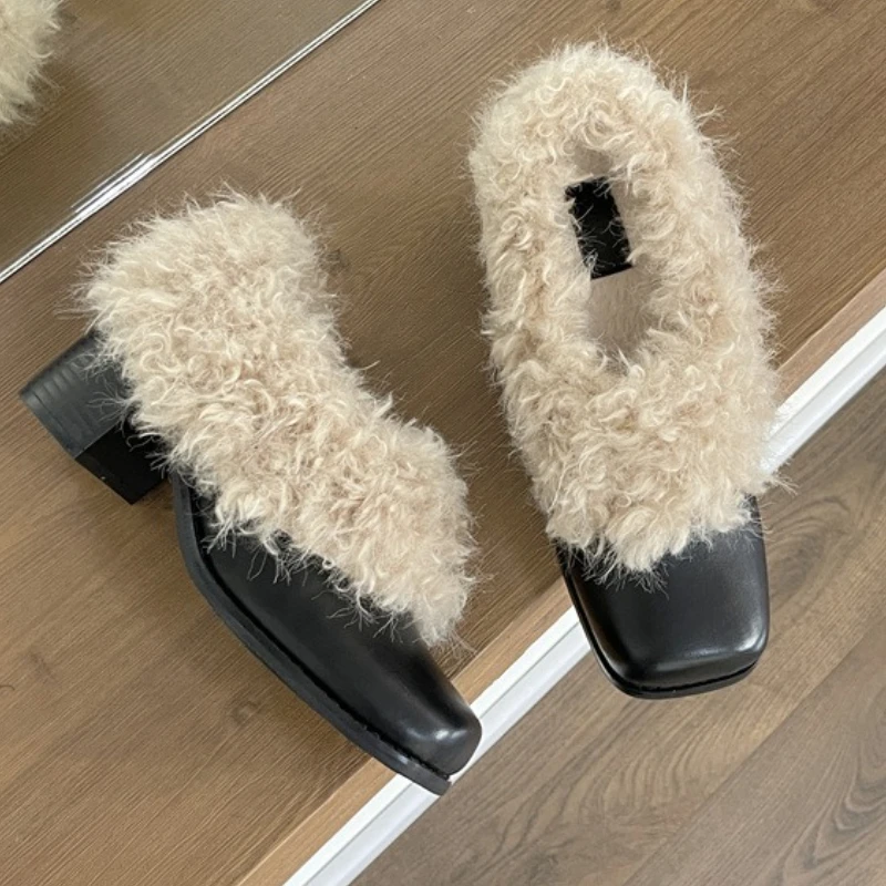 

Пушистые теплые женские ботильоны на высоком каблуке, новые осенне-зимние женские ботильоны в стиле ретро, женская обувь Мэри Джейн на массивном каблуке с квадратным носком