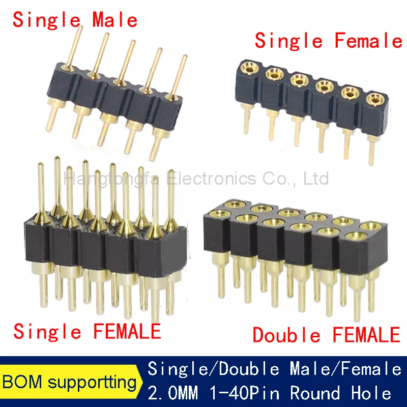 10 Stks/partij 2.00Mm Pitch Ronde Gat Pin Header Mannelijke Vrouwelijke Enkele Dubbele Rij 2*2/3/4 - 40P 1x 40pin Vergulde Ronde Pin Header