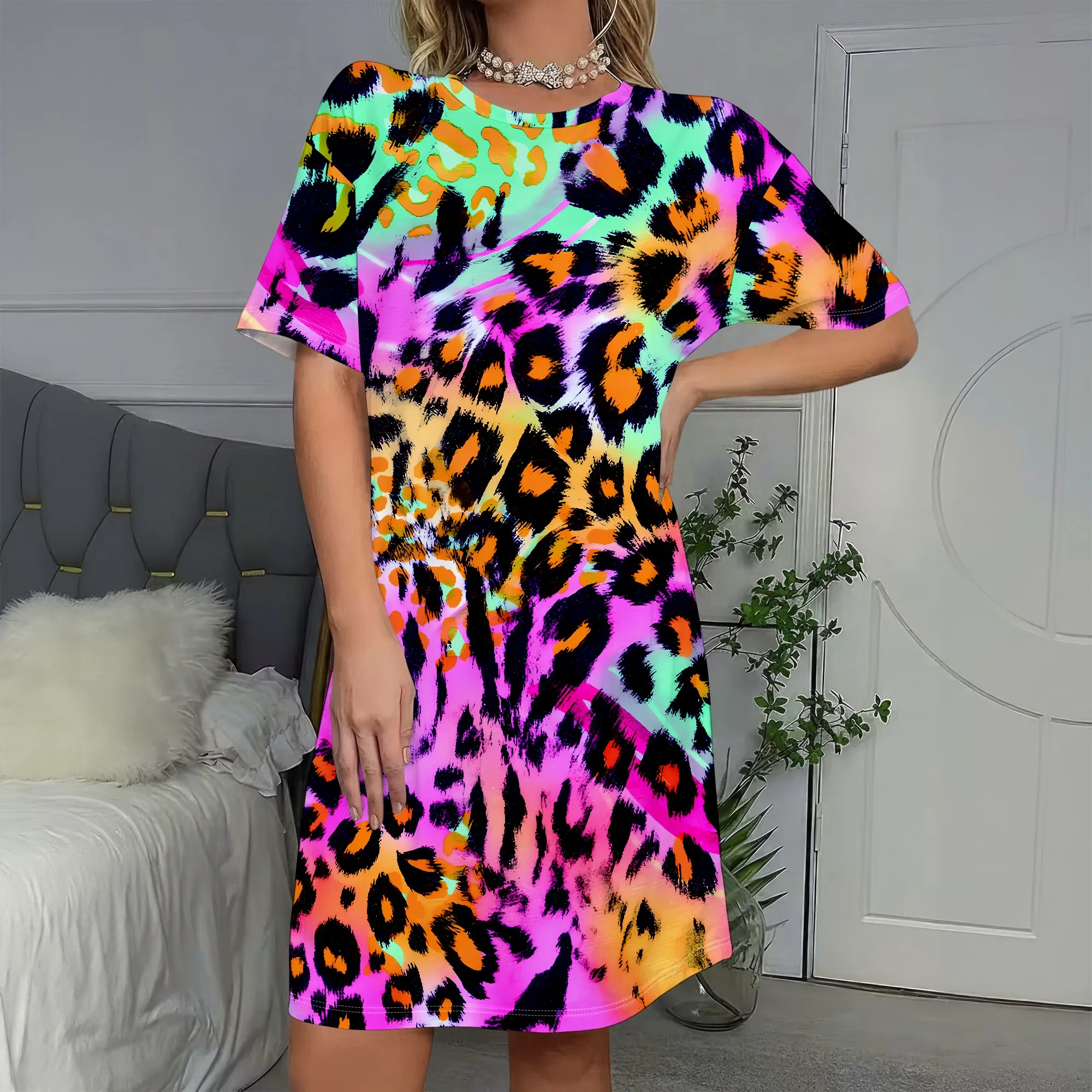 

Neon Leopard,Short Sleeve Dress,Animal Print Shift,Colorful Mini Party Wear,Casual Summer Outfit,S-2XL