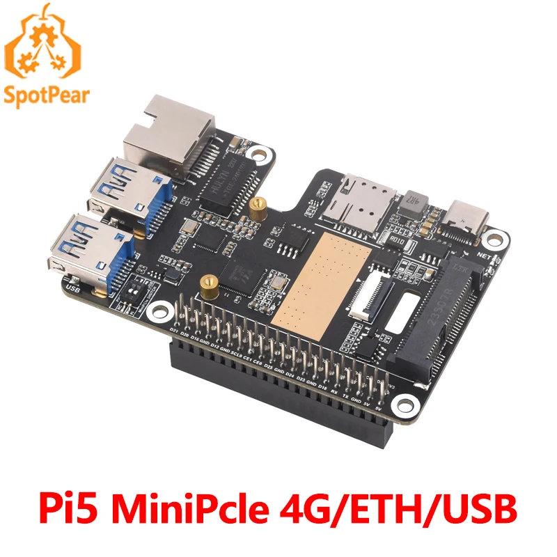 Rasberry Pi 5 PCIe к MiniPCIe 4G Gigabit Ethernet RJ45 usb-хаб HAT + SIM7600G-H/EG25-G