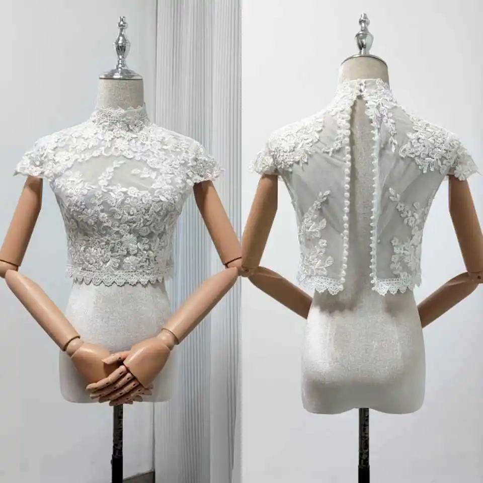 Romantic Bridal Jacket Off Shoulder Sheer Mesh 3D Flower Embroidery Long Sleeve Back Zipper Bridal Wedding Assessory Customized