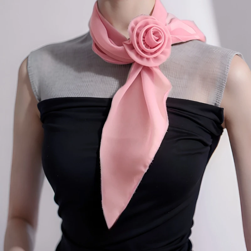 French Silk Scarf for Female with Detachable Rose Flower Party Neck Scarf Drop Shipping