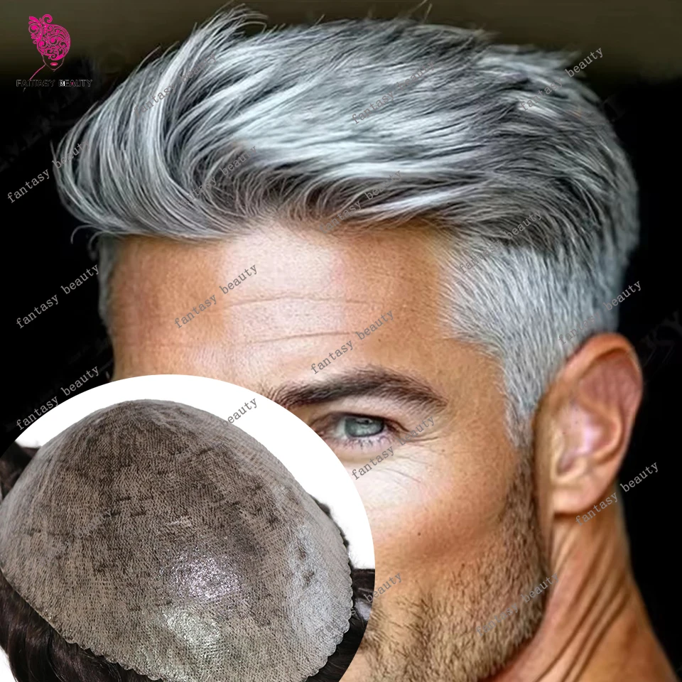 

Undetectable Thin SKin PU Base #1B80 Natural Hairline Men's Wigs Brown Black Grey Male Toupee Human Hair 0.1mm Injection System