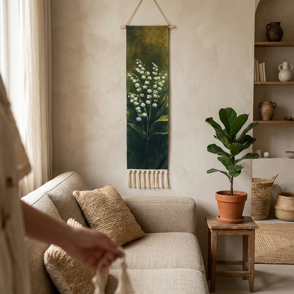 Macrame Wall Hanging Cotton Linen Blend Boho Woven Art Decor Hand-Knitted Orchid Tapestry for Living Room Bedroom Yoga Space