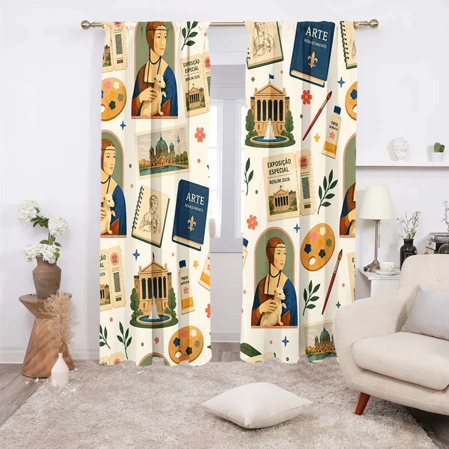 2PCS Curtains, Seamless Vintage Art Collage Print With Da Vinci's Lady With Ermine Portrait, Berlin City Architecture Postcard,