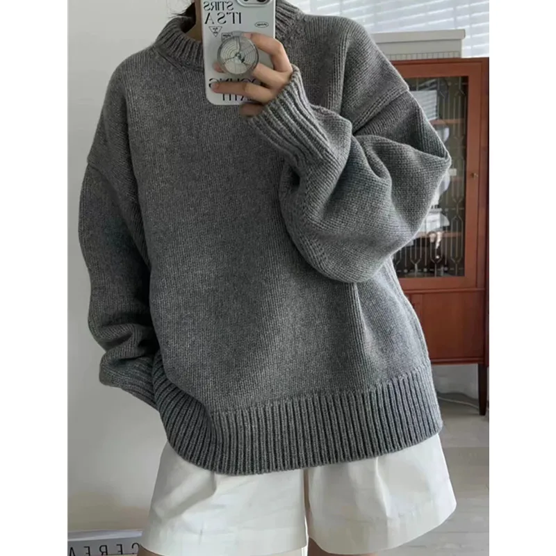 

European Round Neck Cashmere Sweater for Women, Loose Knit Base Shirt, Thick Lazy Wind Silhouette, 100% Cashmere, New, 2022