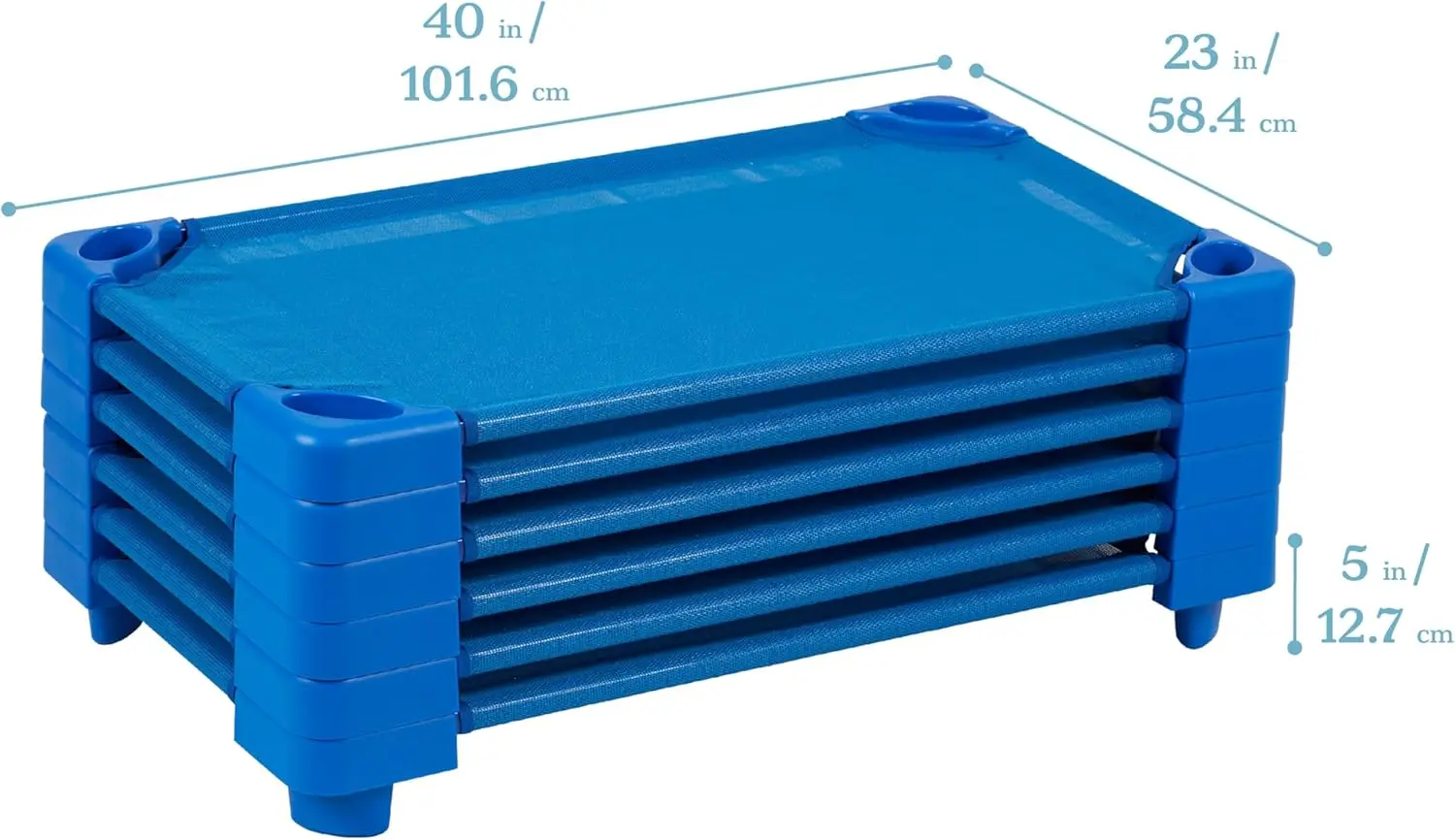 Stapelbaar kinderbedje, klaar om te monteren, peuterformaat, klaslokaalmeubilair, blauw, 6-pack