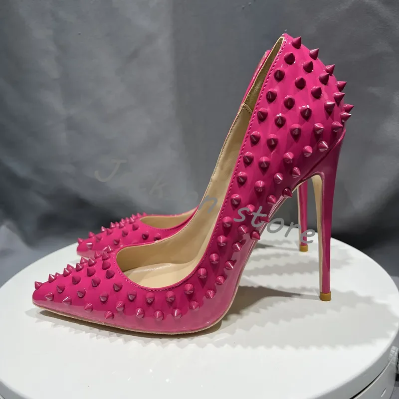 Pointed Toe Rivets Sexy Pink Women Pumps Party Stiletto High Heel Dress Shoes Slip On Catwalk Female Shoes Custom Color