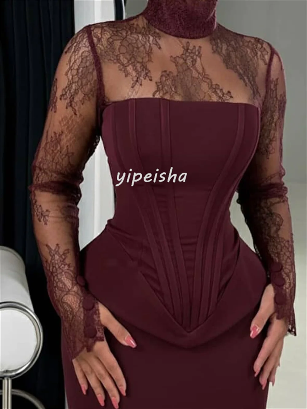 Customized Exquisite Sexy Jersey Pleat Button Lace Mermaid High Collar Long Dresses Bespoke Occasion Dresses Sizes Available