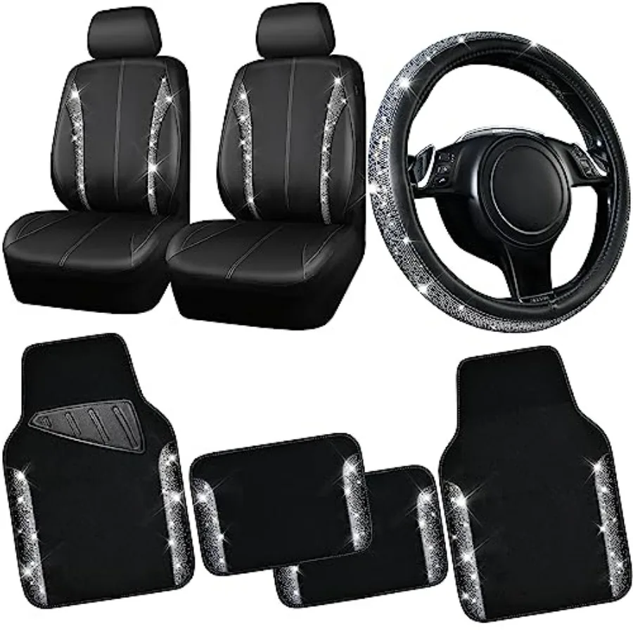 

Black Silver Leather Bling Diamond Car Seat Covers Front Waterproof Rhinestone Car Floor Mats 4pcs Sparkly Steering Wheel Cover