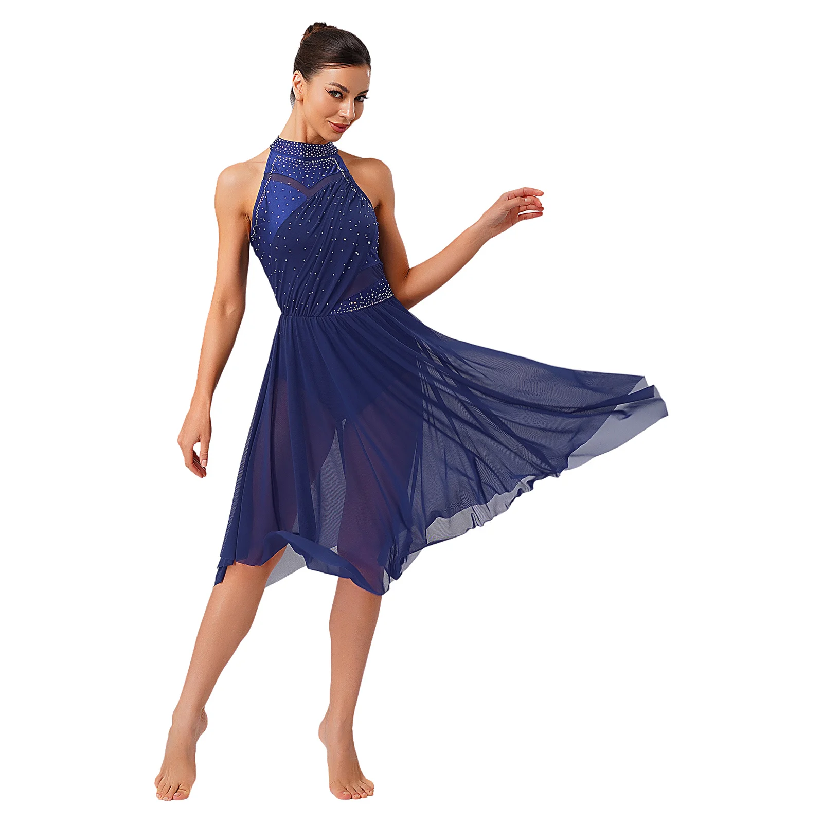 

Women Lyrical Modern Contemporary Dance Costumes Halter Glittery Rhinestone Mesh Ruffled Skirt Hem Built-In Briefs Dance Dress