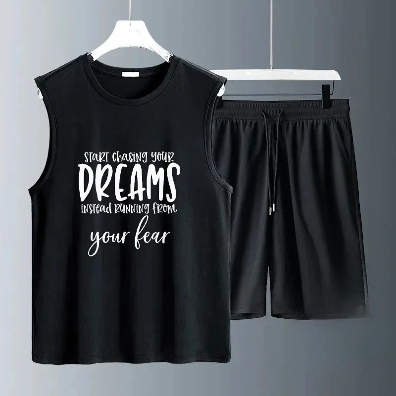 

Лето 202, Y2K, свободный повседневный мужской комплект с надписью и жилетом, дышащий удобный наряд, модные спортивные футболки + шорты для погоды, комплекты