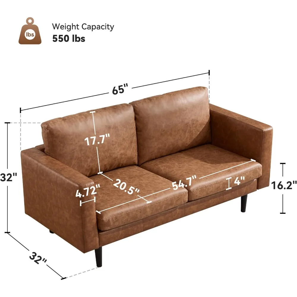 Mid Century Modern Faux Leather Loveseat Sofa with Solid Wooden Frame for Living Room and Bedroom