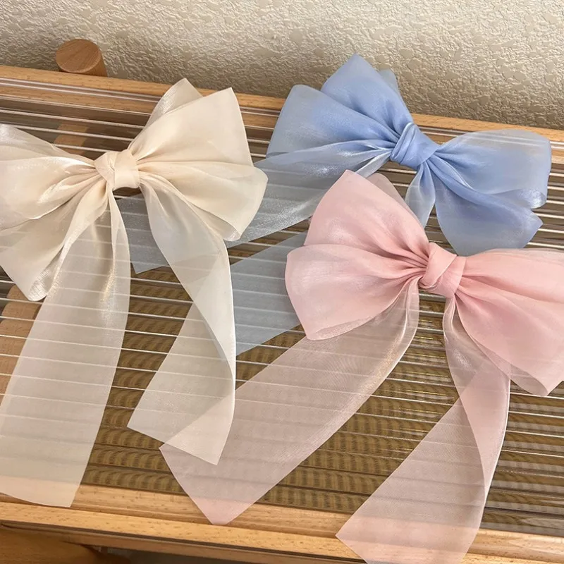 2023 Korean Streamer Organza Oversized Bowknot Hair Barrette Women Silky Ribbon Bow Hair Clips Solid Color Ponytail Holder Grips