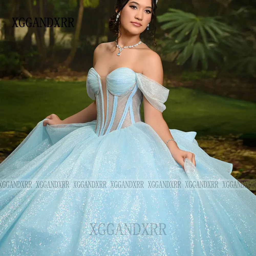 فساتين Quinceanera الأنيقة لعام 2026 على شكل قلب للفتيات مكشوفة الكتف وطبقات على شكل فيونكة كبيرة رداء الأميرة الأزرق الحلو 15 حسب الطلب #3