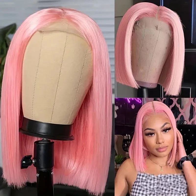 

Front lace fashion pink dyed bobo style short hair wig cap