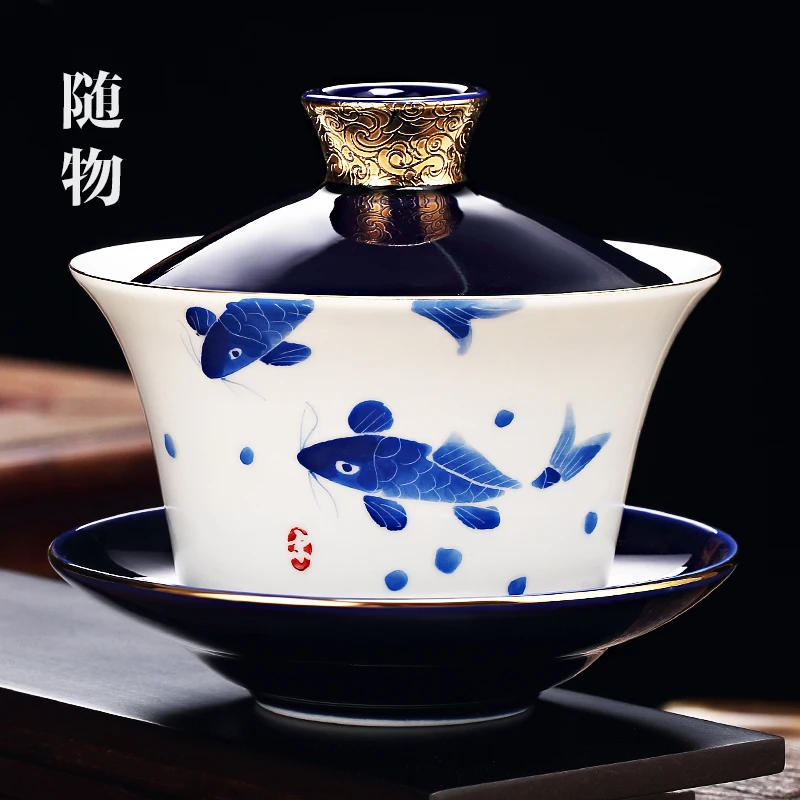 

Blue And White Porcelain Oversized Covered Single CeramiC Sancai Bowl, Jingdezhen Tea Cup, Eight Treasures