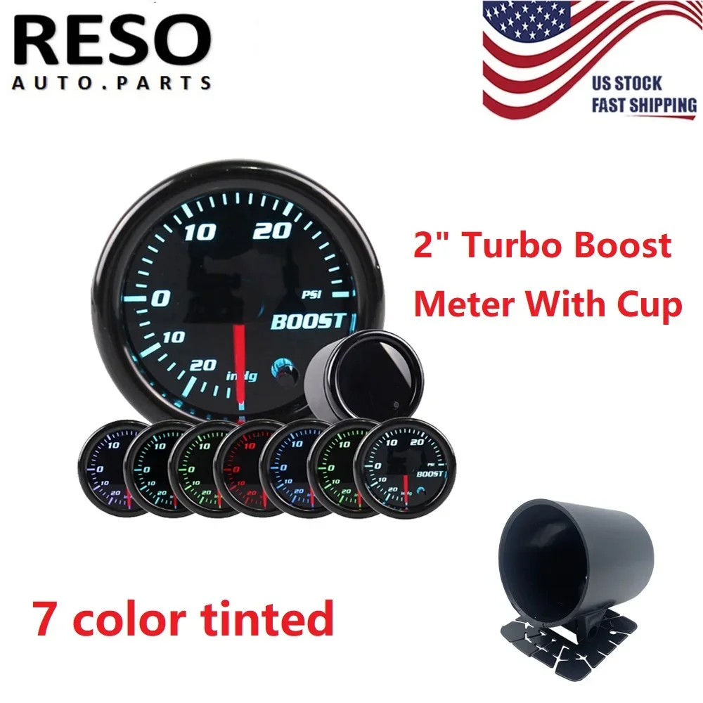 RESO-- 7 Color 0-30 PSI Pressure Vacuum Turbo Meter Metal Gauge Meter with Pod Mount Holder / Universal Single Gauge Cup Car