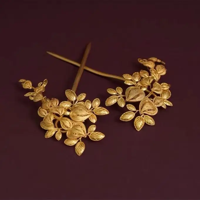 Pure Copper Gold Plated Ancient Method Golden Filigree Hair Hairpin Female Retro Style Wedding Wind Mask Blossom Leaves
