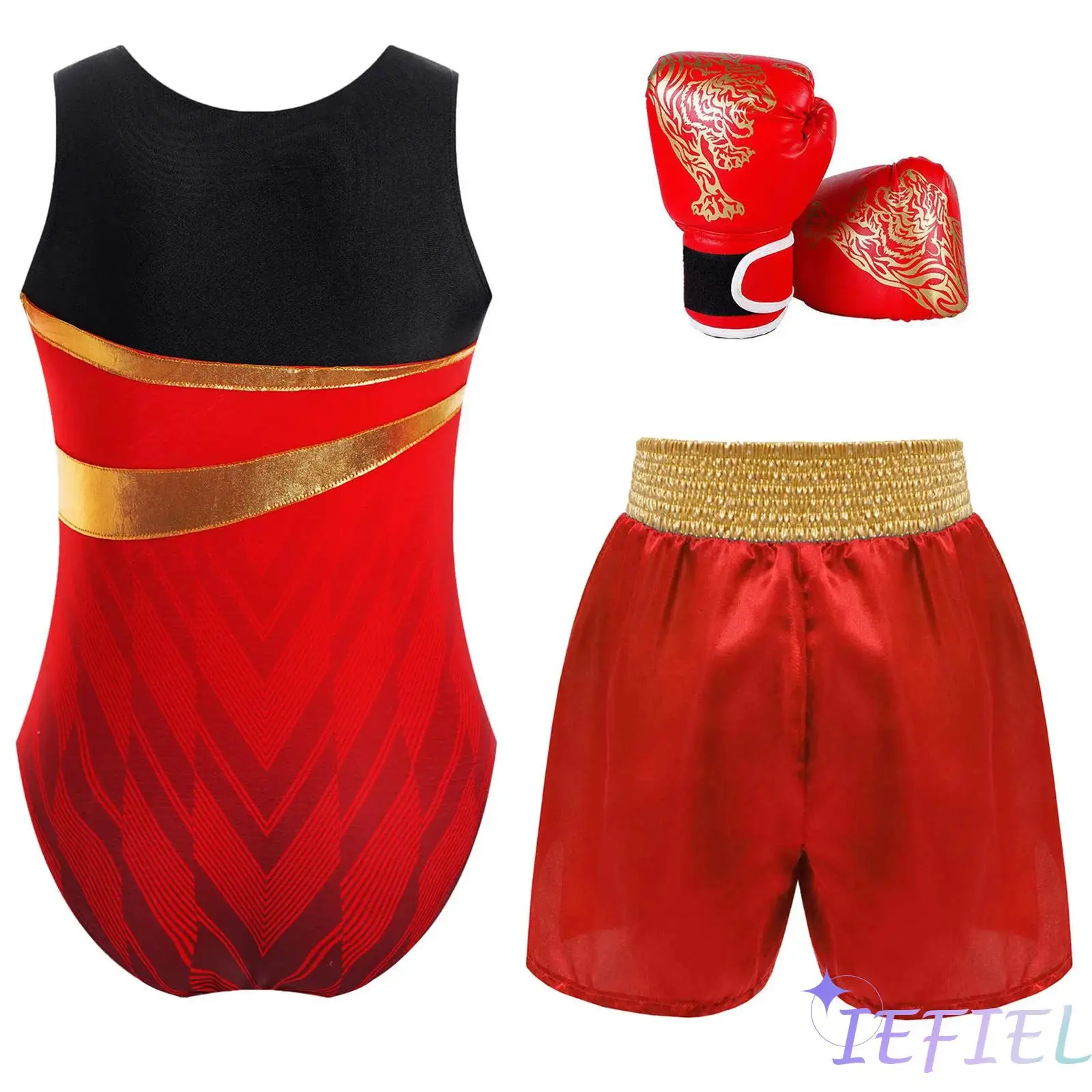 

Boy Boxing Competition Training Costume Cosplay Sleeveless Color Block Printed Leotard Sequin Applique Shiny Shorts Boxer Gloves
