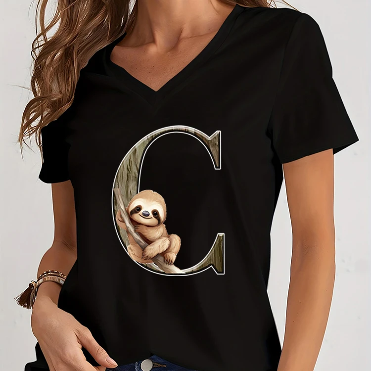 تي شيرت نسائي بأكمام قصيرة برقبة على شكل حرف V ، قميص بتصميم رسومي للإناث ، أكمام قصيرة ، موضة هاراجاكو للإناث ، كسلان ، كسلان ، جديد ، 26 حرفًا